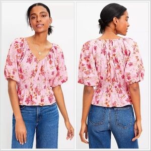 NWT Ann Taylor Loft Lily Gathered Waist V-Neck Floral Peasant Blouse Pink Small